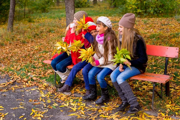 Group of girls in autumn park on the brench — Stock Photo, Image