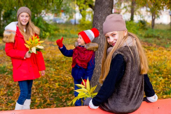 Group of girls in autumn park with leafs — Stock Photo, Image