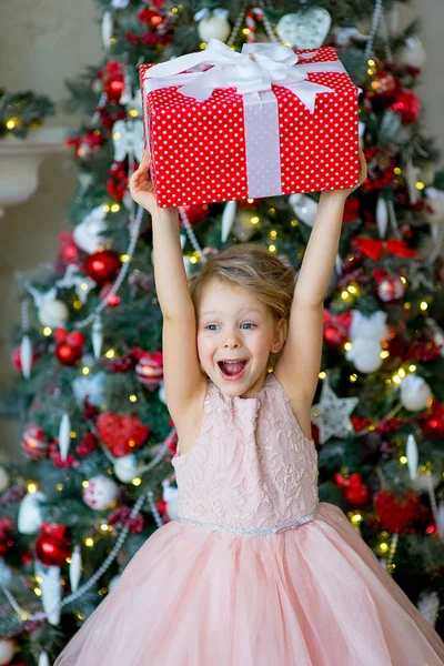 Meisje met de gift van Kerstmis zitten in de buurt van boom — Stockfoto