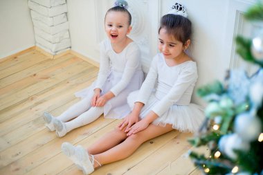 Noel ağacının yanında oturan iki genç bale dansçısı