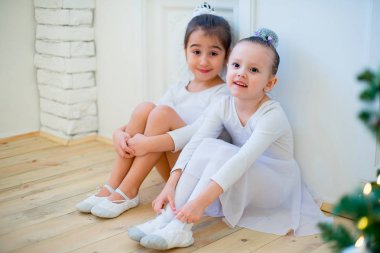 Noel ağacının yanında oturan iki genç bale dansçısı