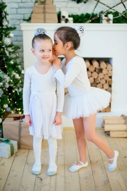 Noel ağacının yanında duran iki genç bale dansçısı