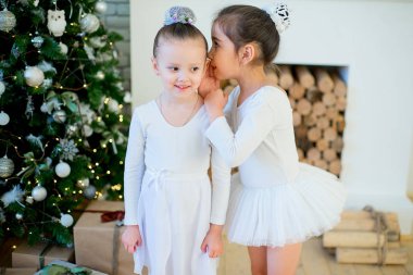 Noel ağacının yanında duran iki genç bale dansçısı