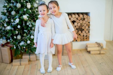 İki genç bale dansçısı sarılmak Noel ağacı yakınındaki