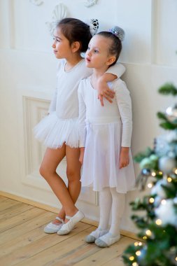 İki genç bale dansçısı sarılmak Noel ağacı yakınındaki