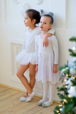 İki genç bale dansçısı sarılmak Noel ağacı yakınındaki