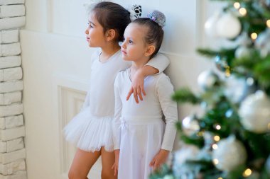İki genç bale dansçısı sarılmak Noel ağacı yakınındaki