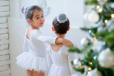 Noel ağacı yakınındaki ders öğrenme iki genç bale dansçıları