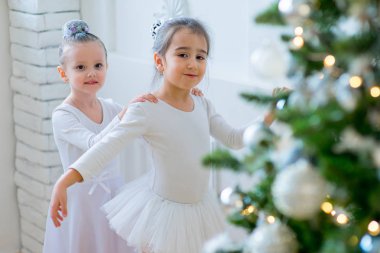 Noel ağacı yakınındaki ders öğrenme iki genç bale dansçıları