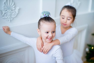 Noel ağacı yakınındaki ders öğrenme iki genç bale dansçıları