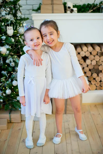 İki genç bale dansçısı sarılmak Noel ağacı yakınındaki