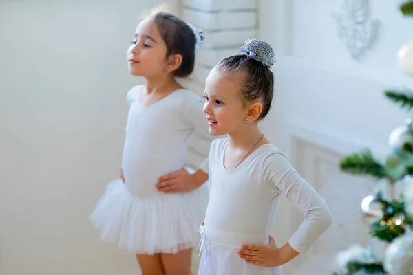 Dos jóvenes bailarines de ballet aprenden la lección cerca del árbol de Navidad —  Fotos de Stock