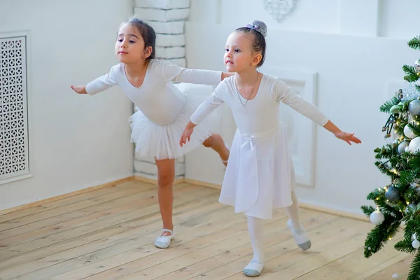 Zwei junge Balletttänzerinnen lernen Lektion in der Nähe des Weihnachtsbaums — Stockfoto
