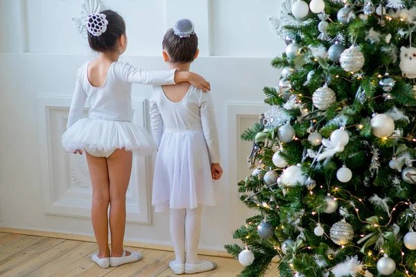 Noel ağacı yakınındaki ders öğrenme iki genç bale dansçıları