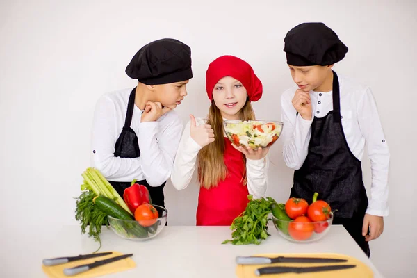 three young chefs evaluate a salad isolated