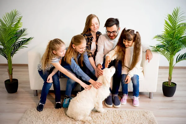 Сім'я грає з собакою — стокове фото