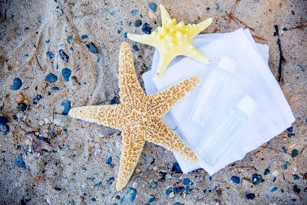 Conchas marinas y estrellas de mar sobre arena — Foto de Stock