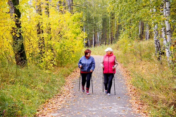 Senior dames nordic-walking — Stockfoto