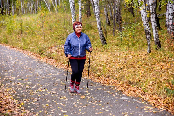 Senior dame nordic-walking — Stockfoto