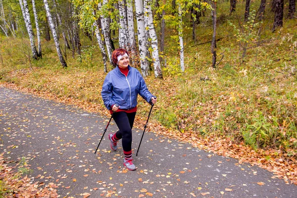 Senior dame nordic-walking — Stockfoto