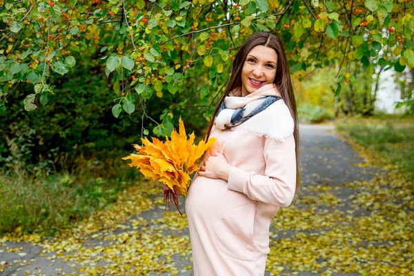 妊娠中の女性が公園を歩いて — ストック写真