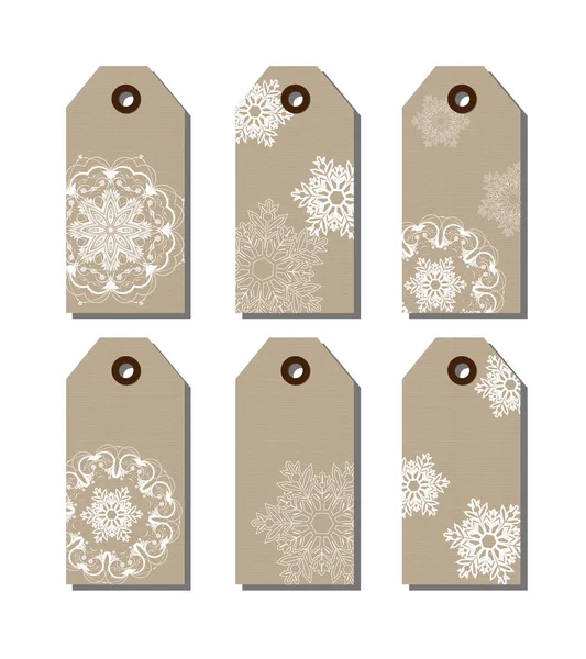 Set of Christmas and New Year gift tags with Christmas trees and snowflakes. Christmas And New Year background. Vector illustration. — Stock Vector