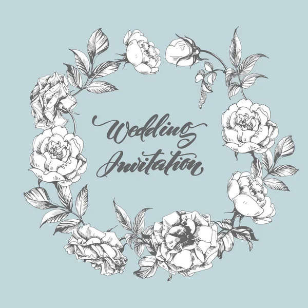 Carte d'invitation de mariage avec une belle couronne de roses. (Utilisez pour carte d'embarquement, invitations, carte de remerciement.) Illustration vectorielle . — Image vectorielle