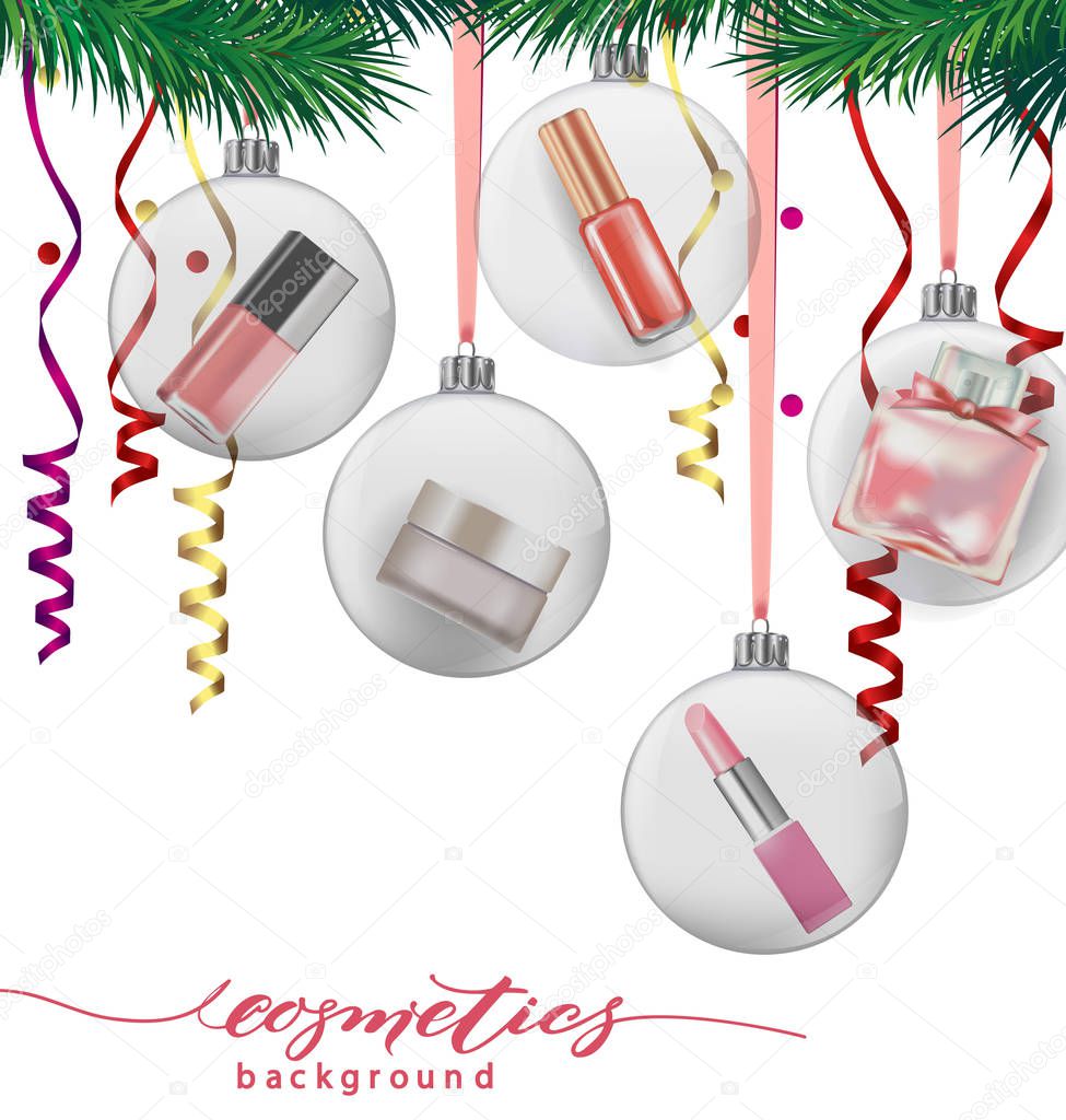 Beauty and cosmetics background with Christmas tree branches, balloons, confetti, cosmetics. Use for advertising flyer, banner, leaflet. Christmas And New Year background. Template Vector.