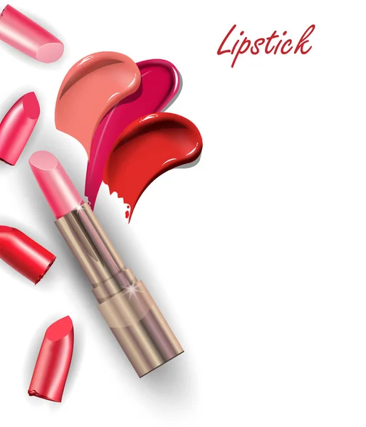 Roze lippenstift en collectie van verschillende Smears lippenstift op witte achtergrond. Schoonheid en cosmetica achtergrond. Gebruik voor reclame flyer, banner, folder. Template Vector. — Stockvector