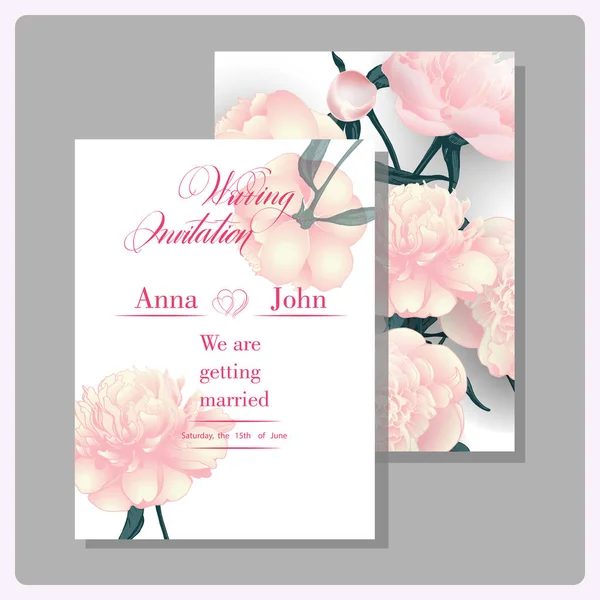 Cartes d'invitation de mariage avec pivoines florissantes. Utilisez pour carte d'embarquement, invitations, carte de remerciement. Illustration vectorielle . — Image vectorielle