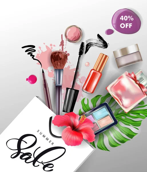 Schoonheid en cosmetica achtergrond. Zomer verkoop Concept. Gebruik voor reclame-flyer, banner, leaflet. Sjabloon Vector. — Stockvector