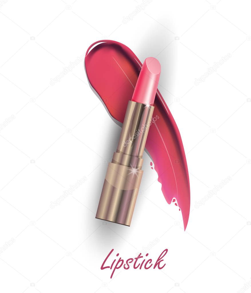 Pink lipstick and Smears lipstick on white background. Beauty and cosmetics background. Use for advertising flyer, banner, leaflet. Template Vector.