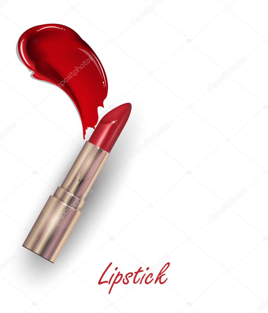 Red lipstick and Smears lipstick on white background. Beauty and cosmetics background. Use for advertising flyer, banner, leaflet. Template Vector.