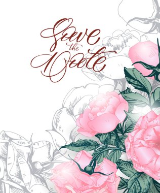 Tarihi çiçek açan güller ile kaydedin. Biniş kartı, Davetiyeler, teşekkür kartı için düğün davetiye kartı kullanın. Şablon çizimi.