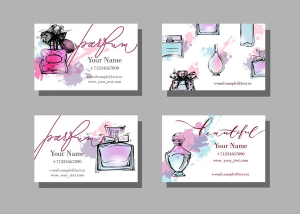 Tarjeta de visita de maquillador. Plantilla vectorial con frasco de perfume hermoso. Fondo de moda y belleza . — Vector de stock