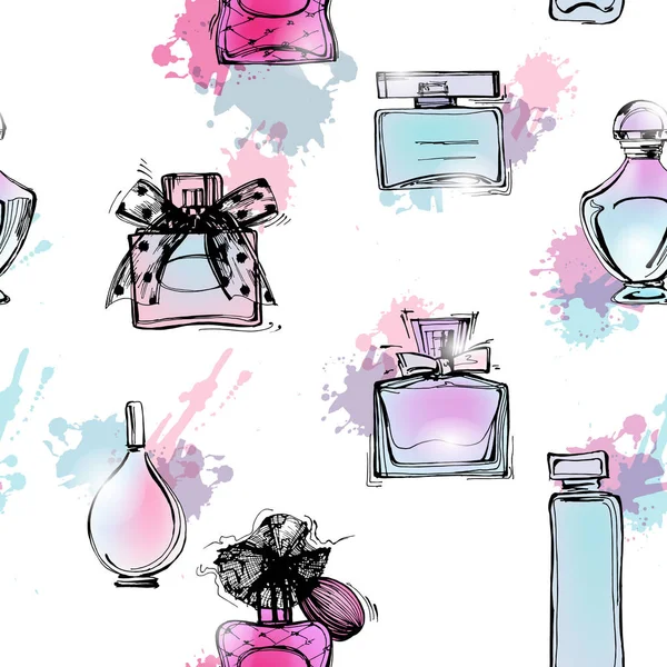 Seamless mönster med vackra flaskor parfym. Kvinnors parfym. Vector akvarell. — Stock vektor