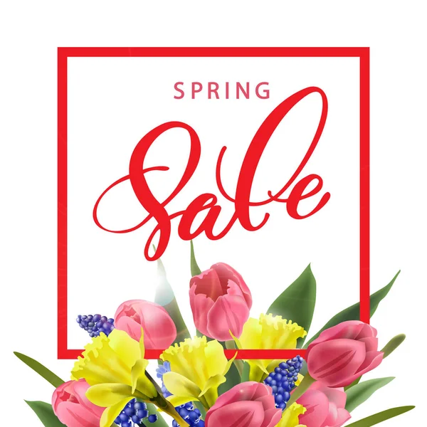 Spring sale concept. Spring background with flowering crocuses.Template vector. — Stock Vector