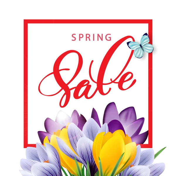 Spring sale concept. Spring background with flowering crocuses.Template vector. — Stock Vector