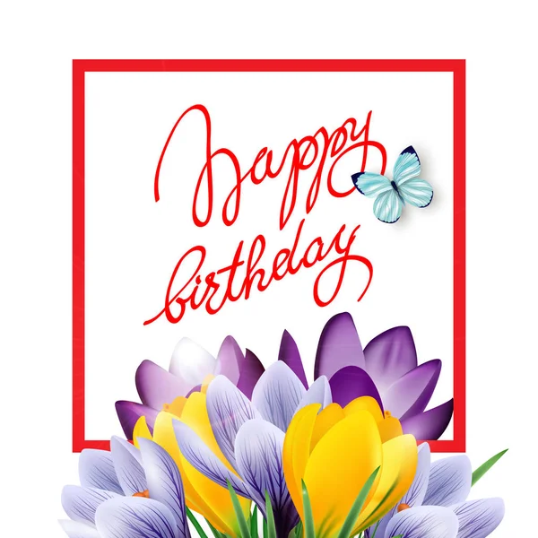 С днем рождения открытка с весенними цветами, тюльпанами, нарциссами, мускари. Векторный шаблон — стоковый вектор