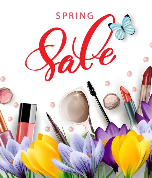 Spring sale concept. Cosmetics and fashion background with make up artist objects: lipstick, mascara, eyeliner, with flowering crocuses.Template vector. — Stock Vector