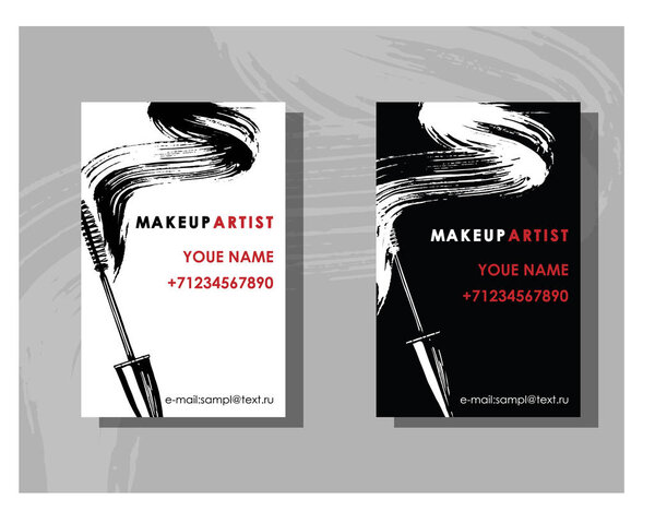 Makeup artist business card. Vector template with makeup items pattern - mascara. Fashion and beauty background. Template Vector.