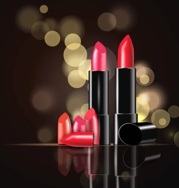 Roter und rosa Lippenstift auf dunklem Hintergrund mit Funkeln. Schönheit und Kosmetik Hintergrund. Verwendung für Werbeflyer, Banner, Flugblatt. Vorlagenvektor. — Stockvektor