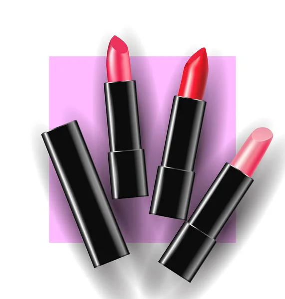 Roter und rosa Lippenstift auf rosa Hintergrund. Schönheit und Kosmetik Hintergrund. Verwendung für Werbeflyer, Banner, Flugblatt. Vorlagenvektor. — Stockvektor