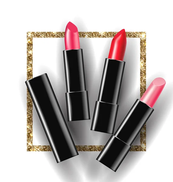 Rote und rosa Lippenstift auf dem Hintergrund der Golden glänzenden Rahmen. Beauty und Kosmetik Hintergrund. Nutzung für Werbung Flyer, Banner, Flyer. Vorlage-Vektor. — Stockvektor