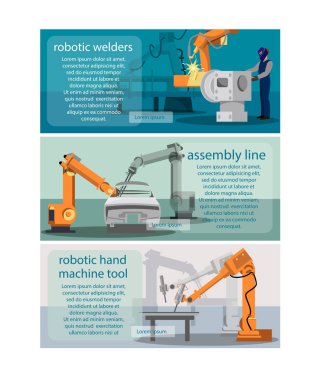 Yatay başlık robot kaynak makinesi, montaj hattı ve robot el tezgahları ile ayarlayın. Sembolleri düz vektör çizim