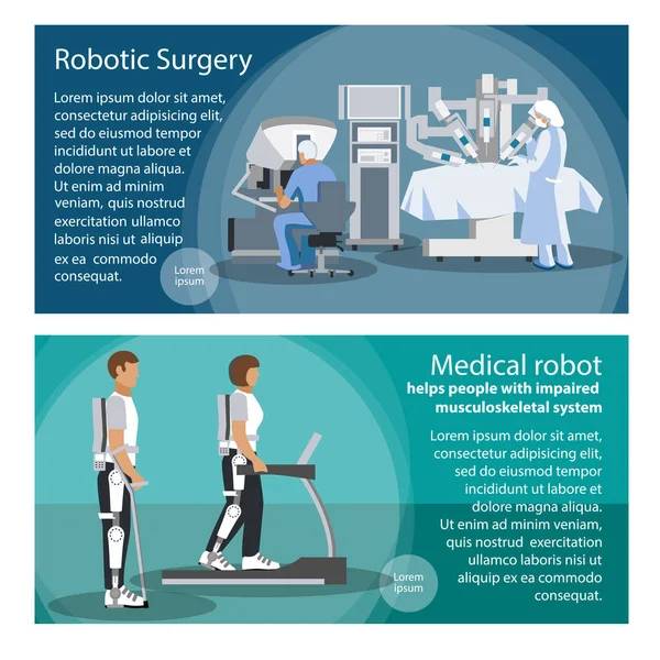 Bandeiras horizontais conjunto de ferramentas para cirurgia robótica e o robô ajuda as pessoas com sistema musculoesquelético prejudicado. Ilustração vetorial plana — Vetor de Stock