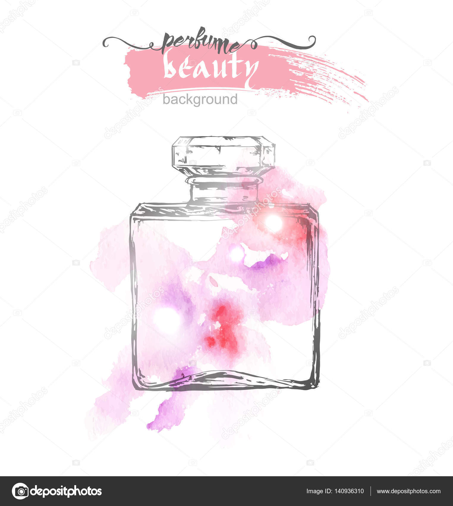 Beautiful perfume bottle, on watercolor Beautiful and