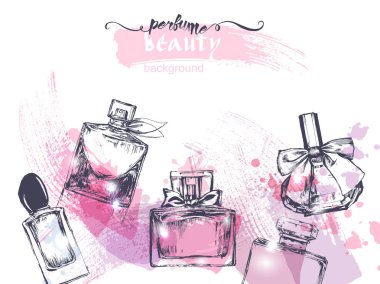 Beautiful perfume bottle, on watercolor background. Beautiful and fashion background. Vector illustration. clipart