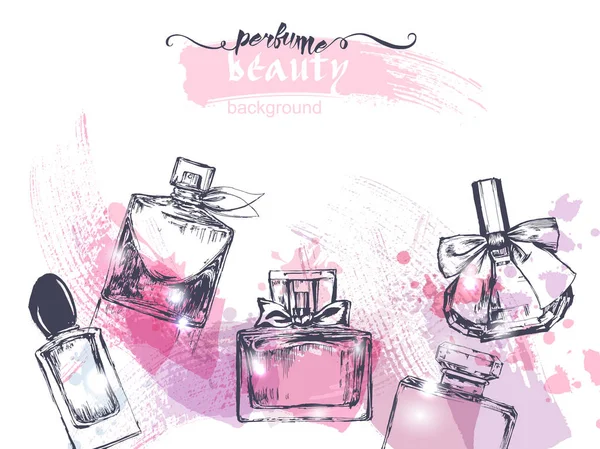 Linda garrafa de perfume, em fundo aquarela. Fundo bonito e de moda. Ilustração vetorial . — Vetor de Stock