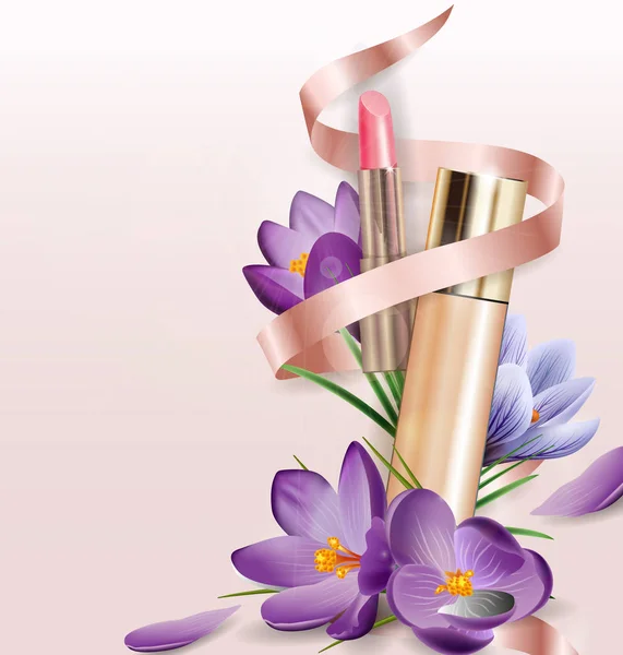 Kosmetikprodukt, Foundation, Concealer, Creme mit Lippenstift und Blumen Krokusse. Schönheit und Kosmetik Hintergrund. Verwendung für Werbeflyer, Banner, Leaflet.template Vektor. — Stockvektor